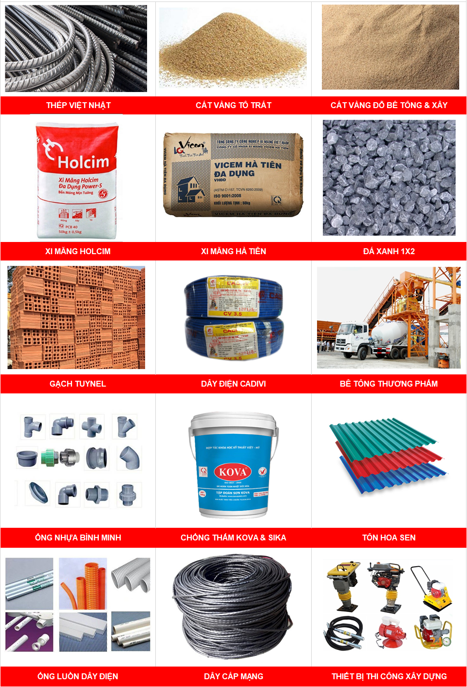 Vật liệu xây dựng sửa dụng trong sửa nhà trọn gói